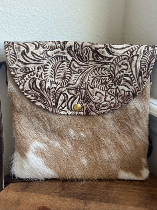 W&G Handbags - Handcrafted Brown and Cream Cowhide Crossbody Bag with Tooled Leather Flap